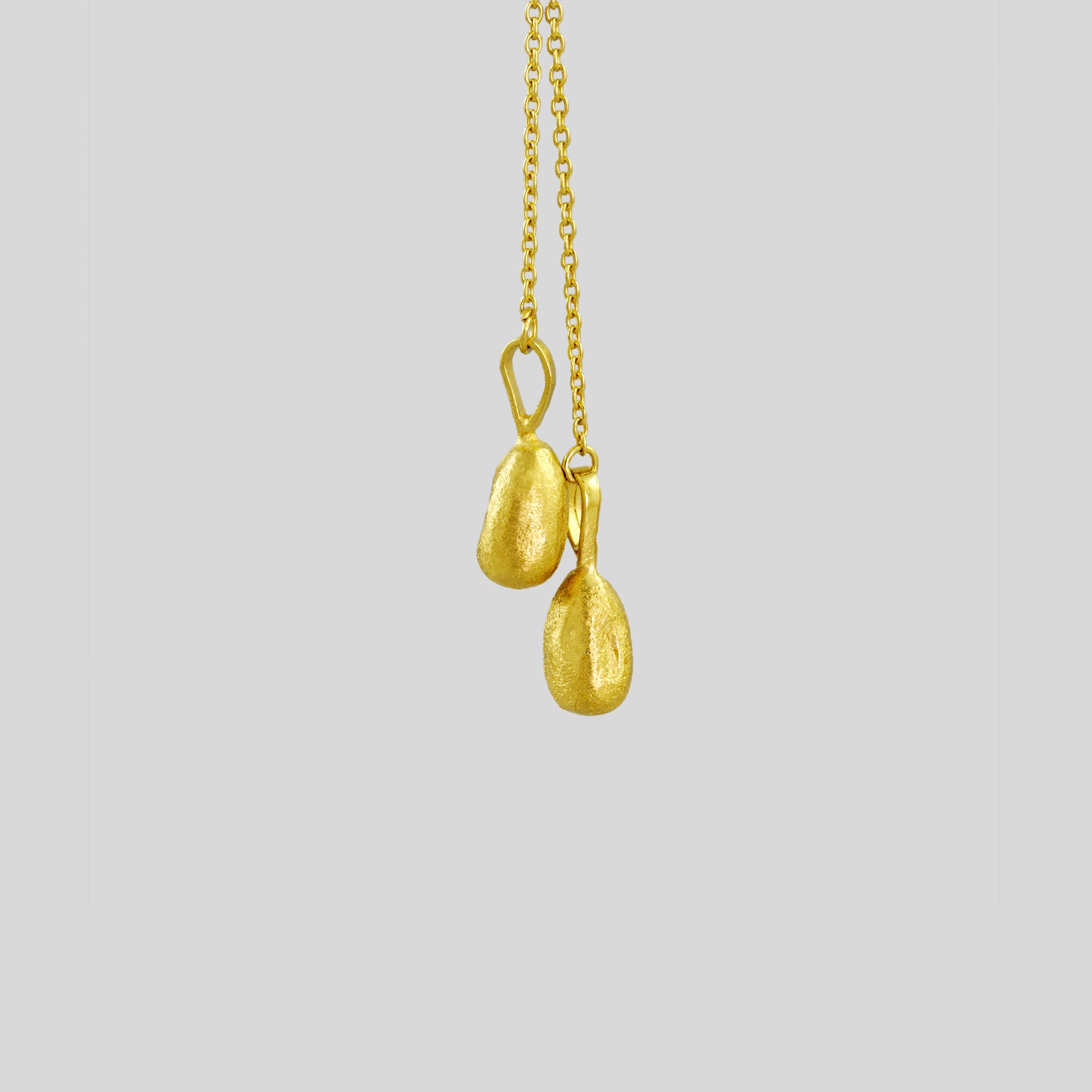 Close up of two gold seeds hanging from a dark jasper chain.