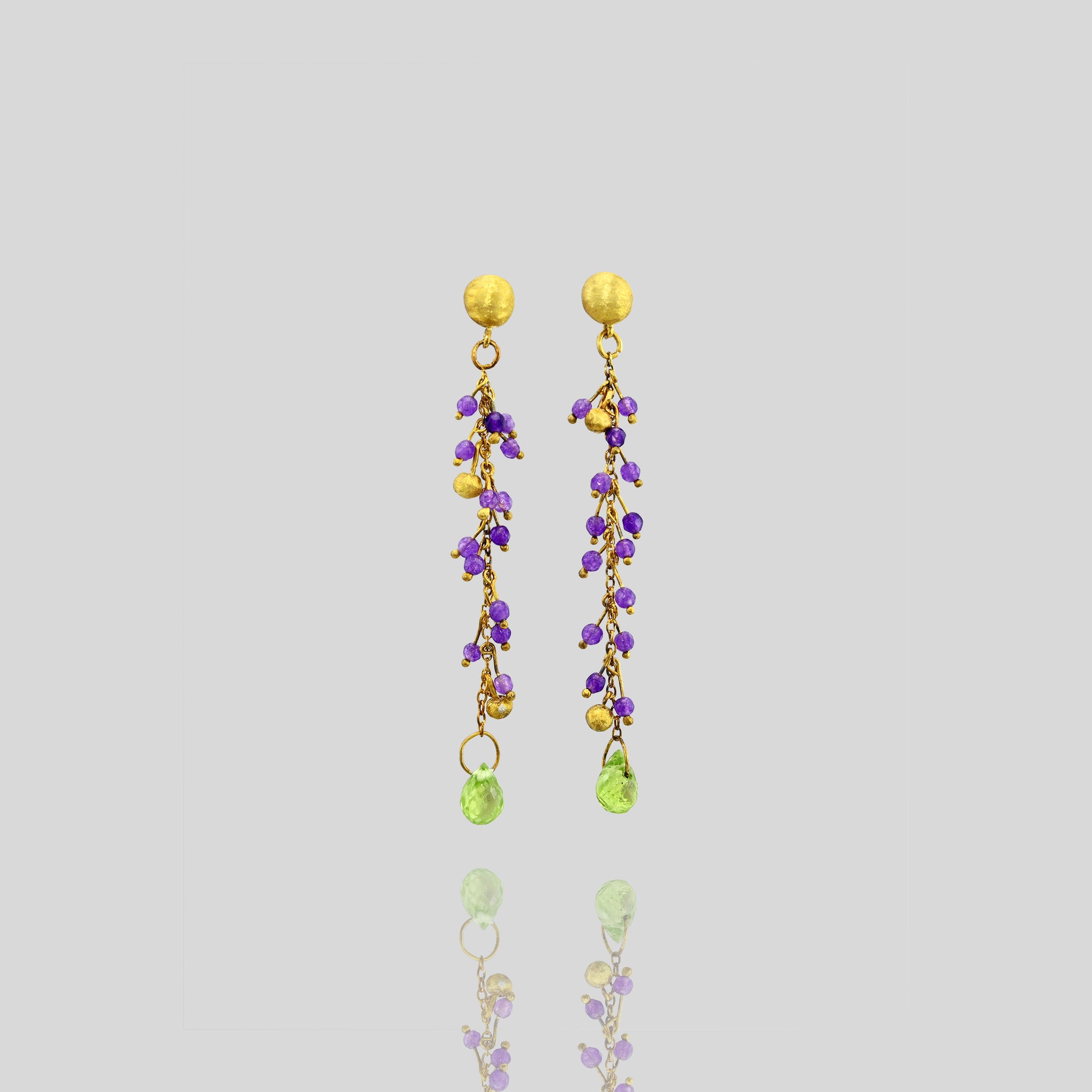 Venus Gold Stud Earrings with Amethyst Beads & Drop-Shaped Peridot - Elegant Half Cap and Gold Threads Design.