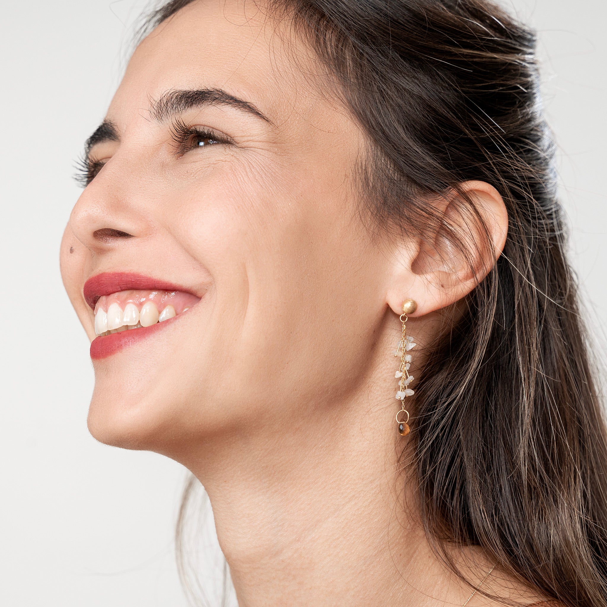 Venus - gold drop earrings with raw white Sepphires & Citrine