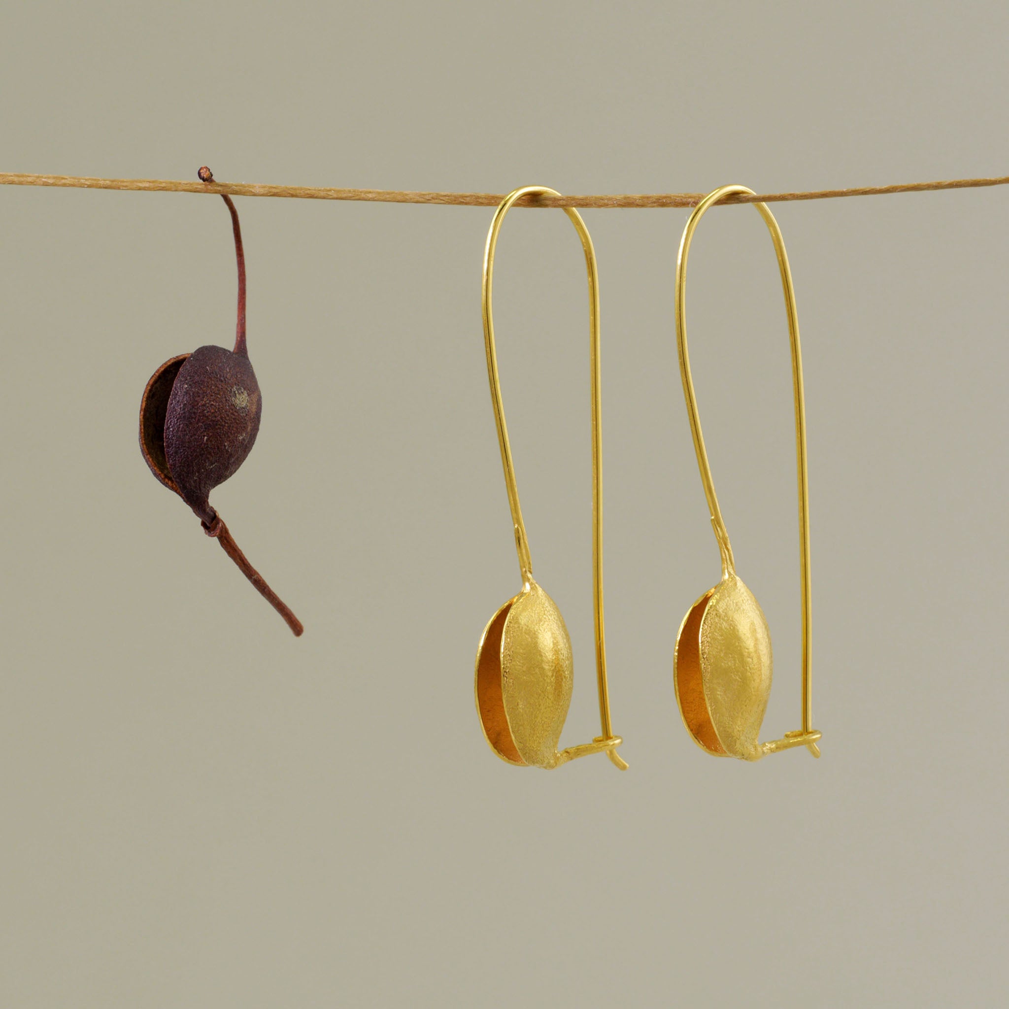 Nature-inspired Gold drop earrings, replicating captivating dried seeds hanging from a natural thread beside a real dried seed.. Minimalistic, chic, and elegant, embodying natural beauty and femininity.