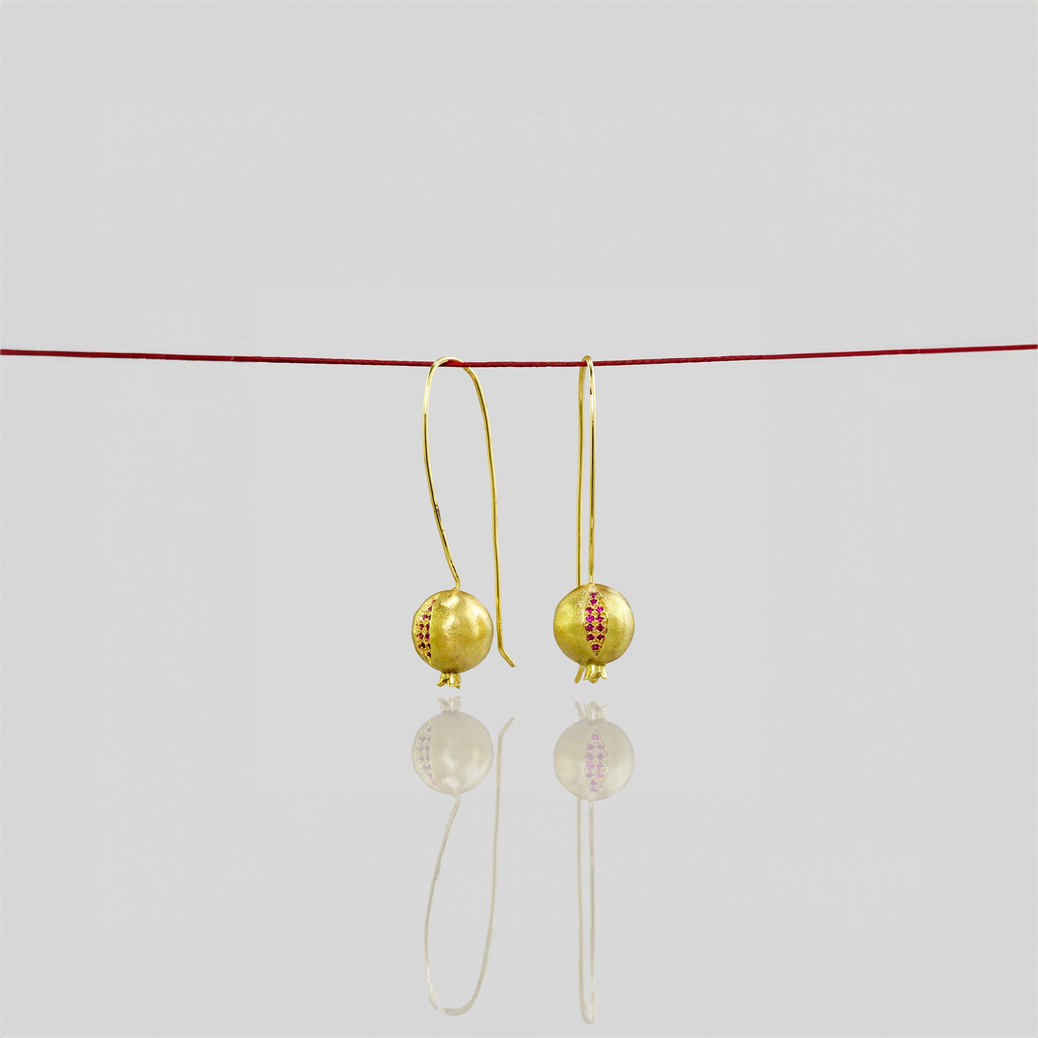 18k Gold Pomegranate Drop Earrings with Sparkling Rubies.