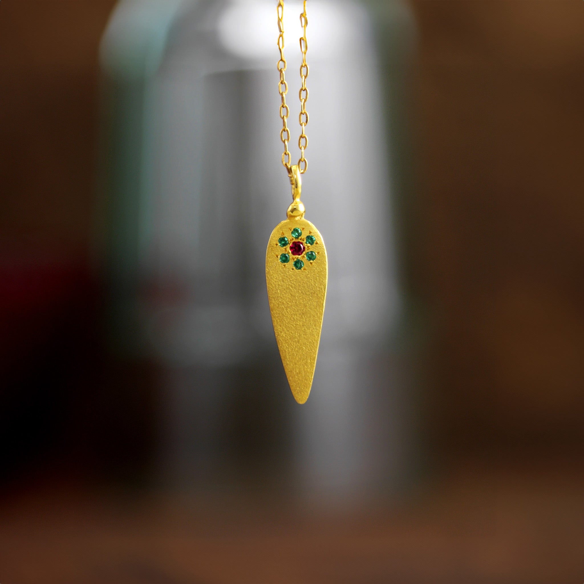 Gold Leaf pendant with Ruby & Emerald