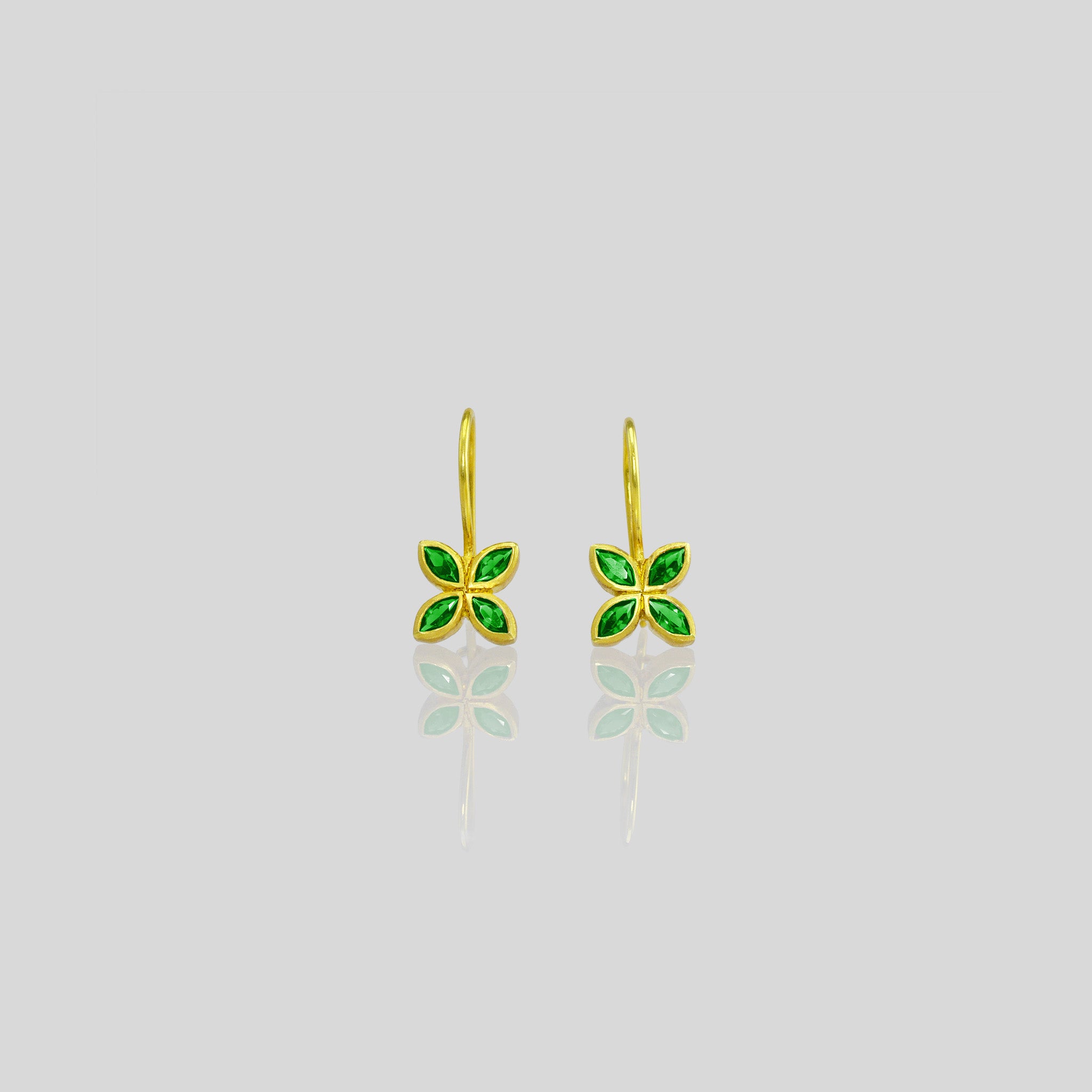 Dazzling Emerald flower earrings, crafted from 4 marquise gemstones. Lightweight, colorful and vibrant.
