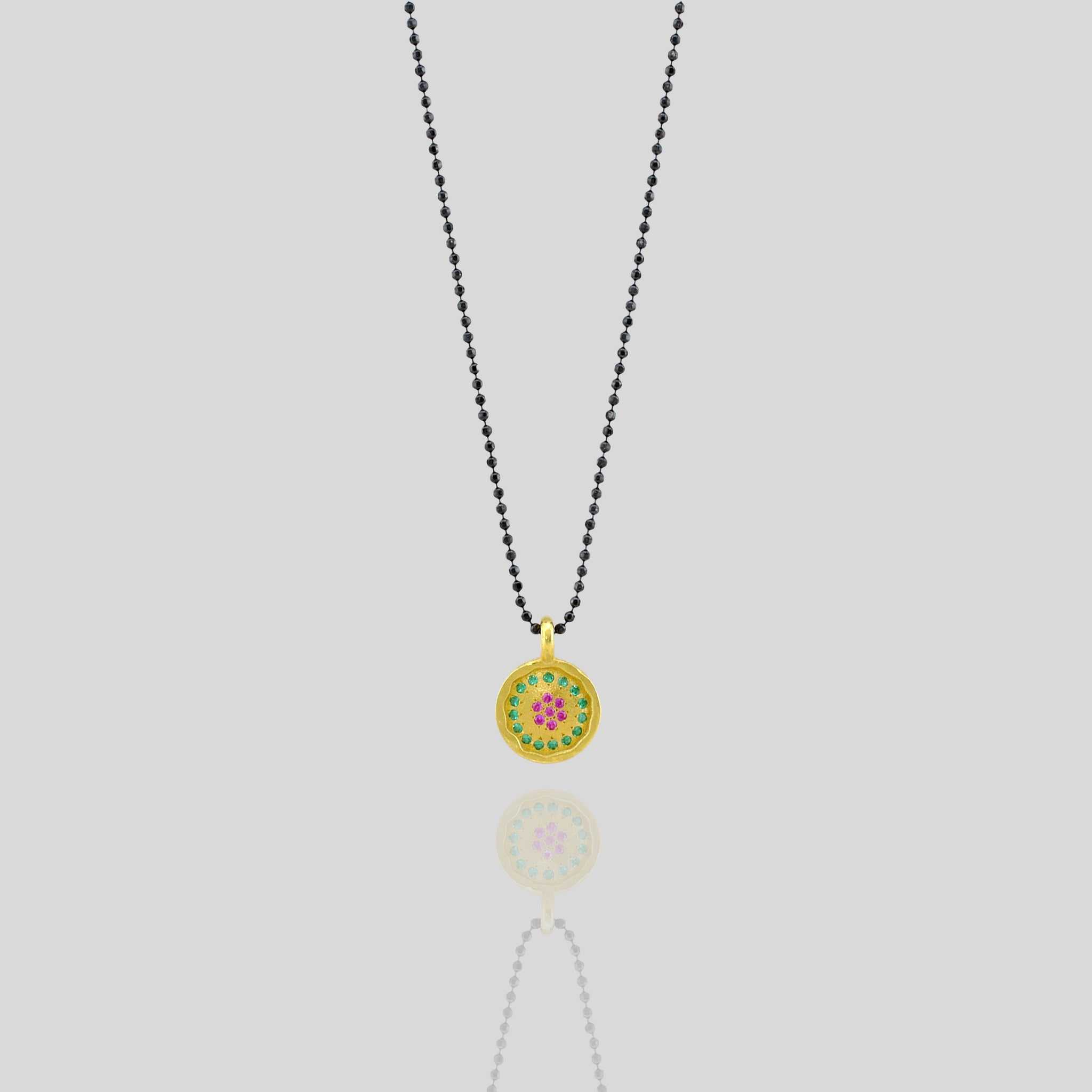 Sun pendant -  Round Gold pendant with Rubies & Emeralds