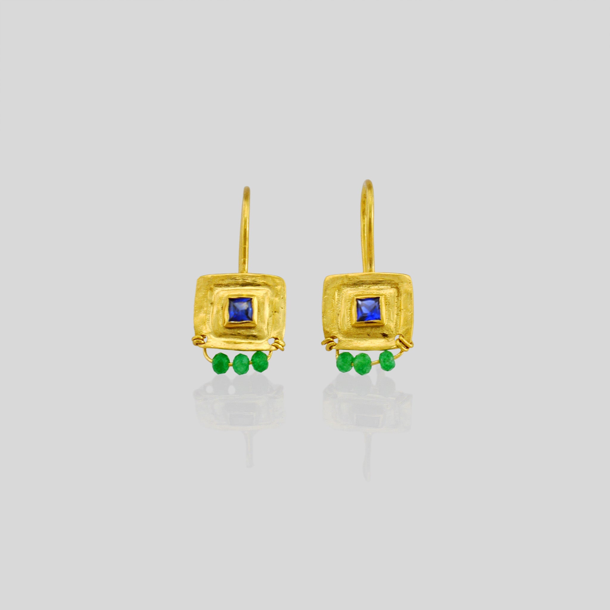 Pharaohs I - Gold Square drop earrings with Sapphire & Emerald