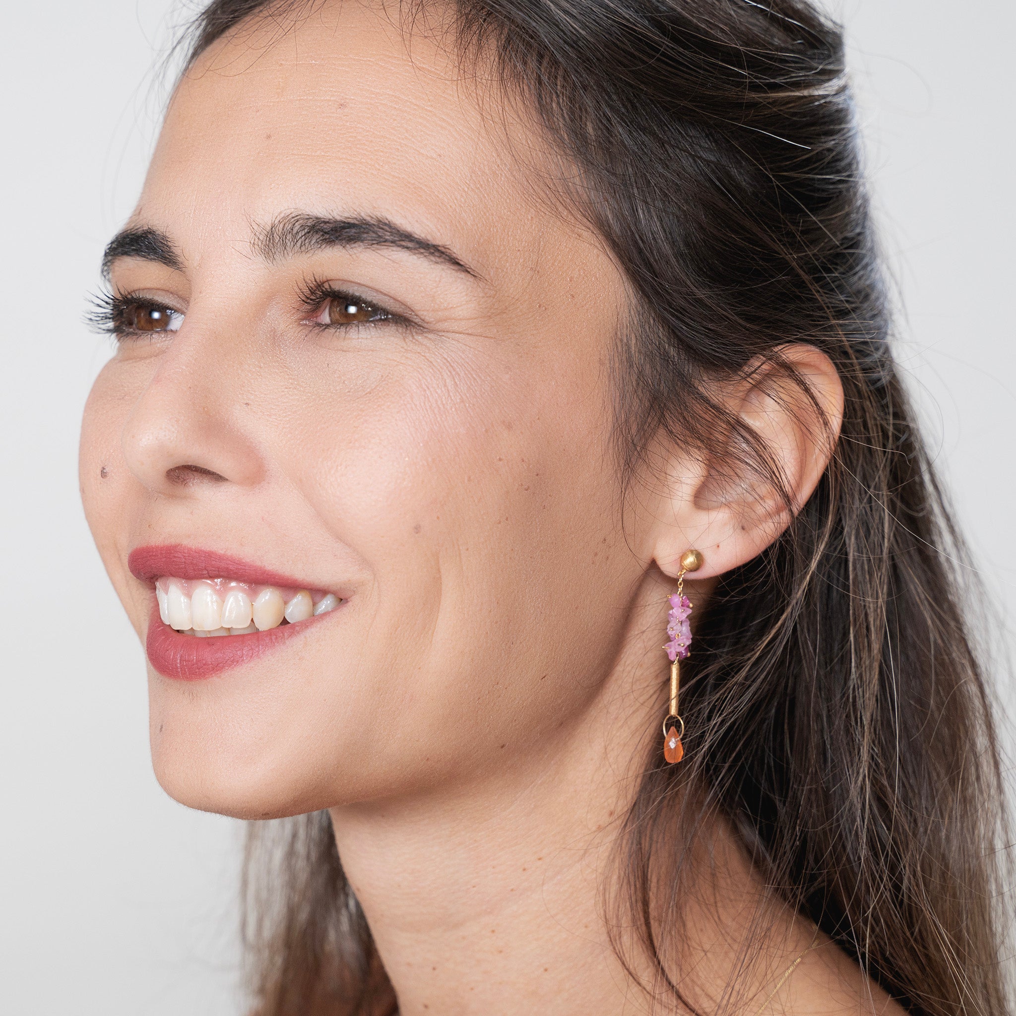 Venus - gold drop earrings with raw pink Sepphires & Carnelian