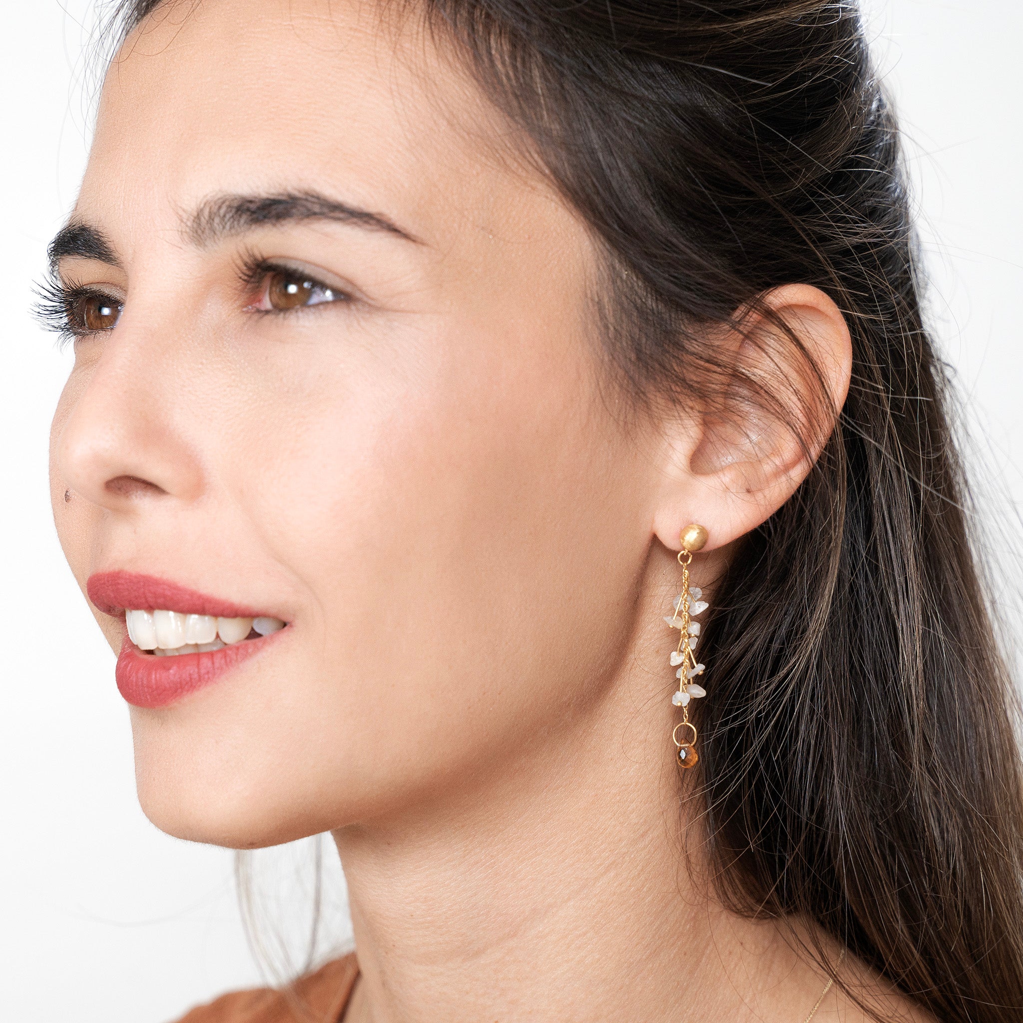 Venus - gold drop earrings with raw white Sepphires & Citrine