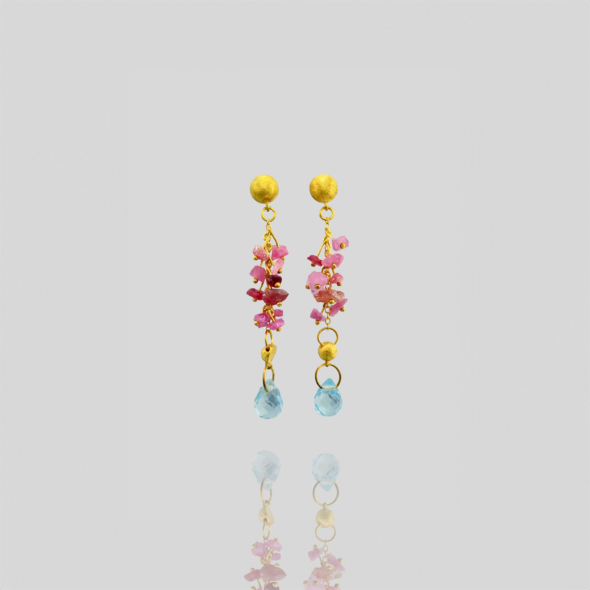 Elegant Venus Gold Earrings with Raw Pink Sapphires & Blue Topaz Drop - Unique Half Cap and Fine Gold Threads Design.