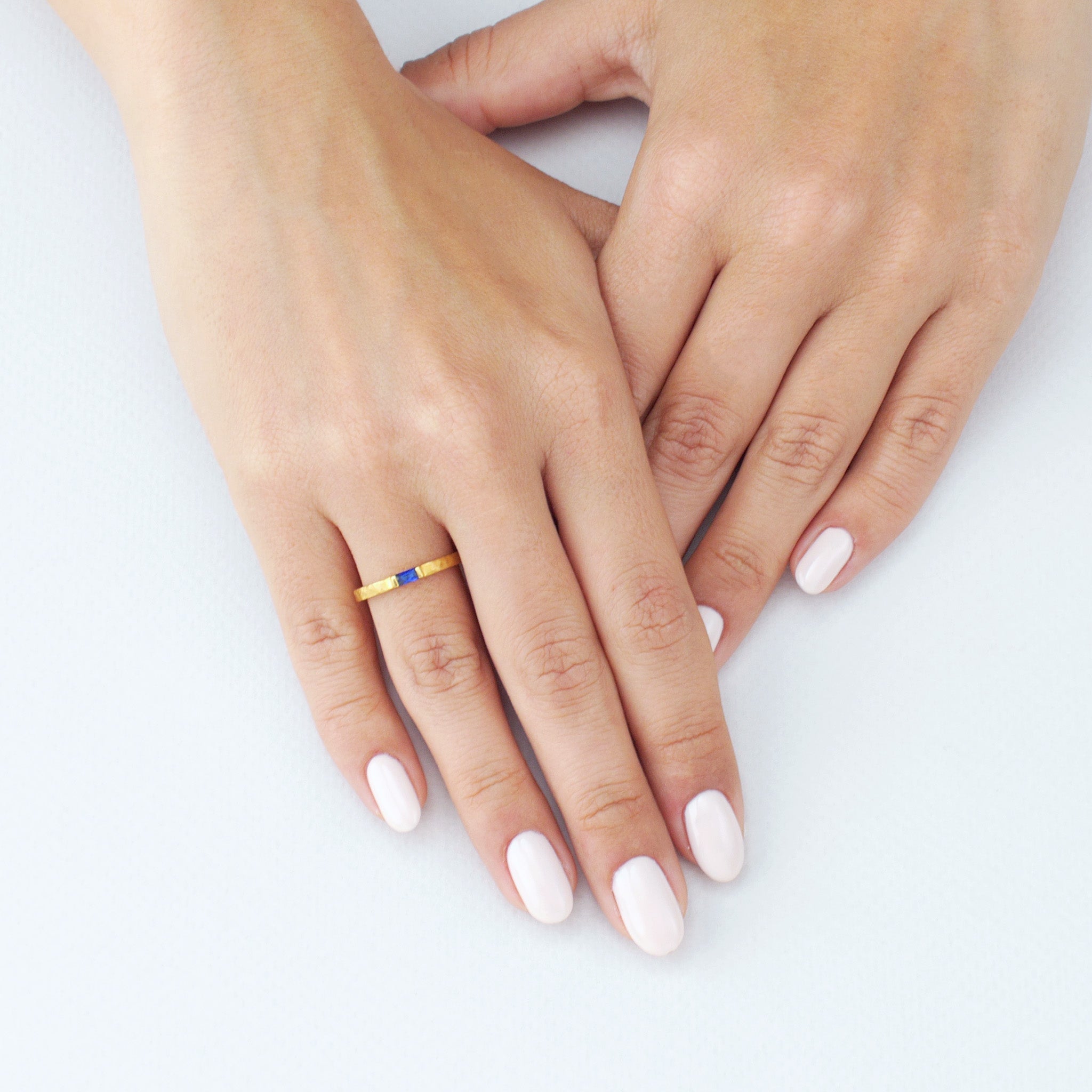 Delicate Handmade Gold baguette Ring with Sapphire