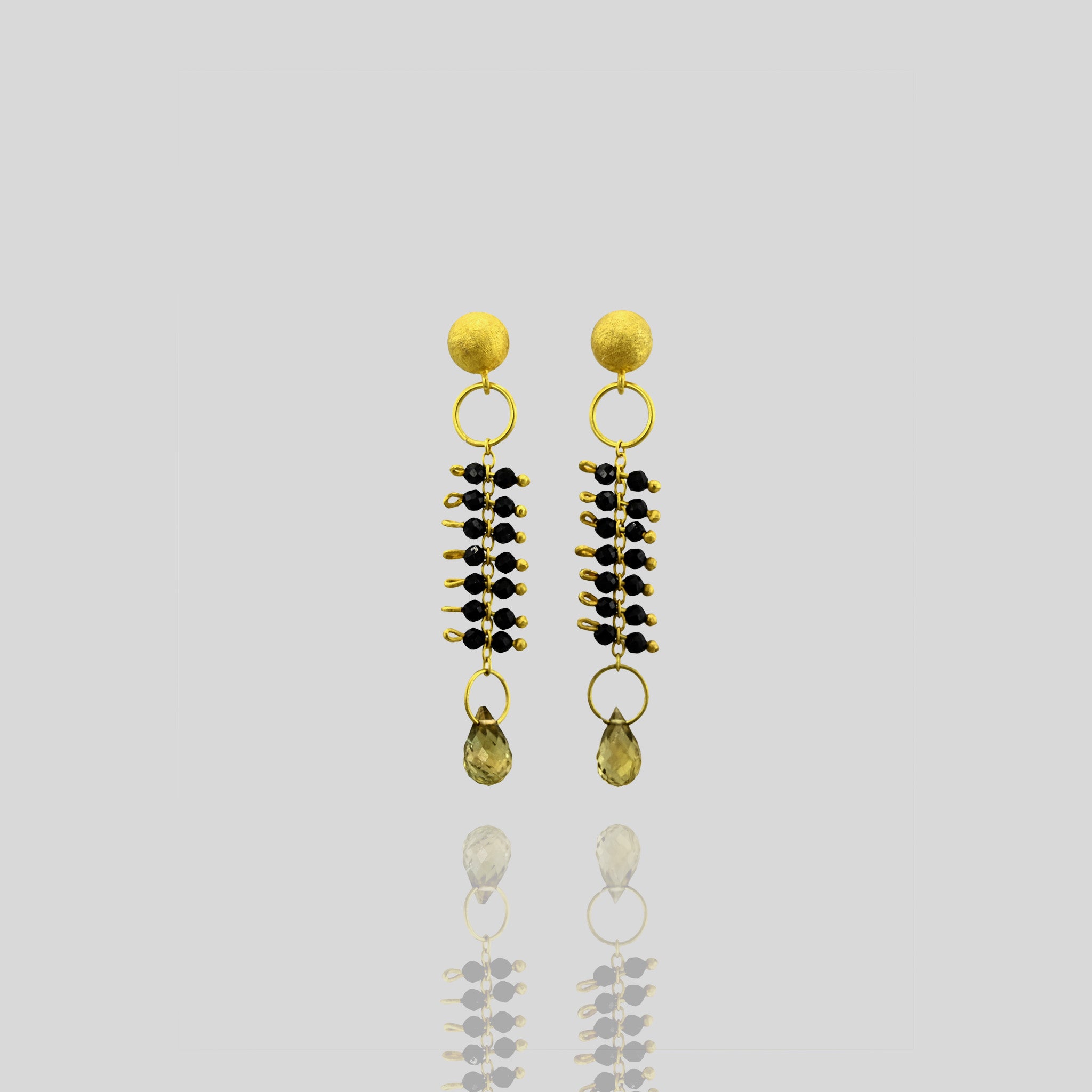Venus Gold Earrings with Onyx Beads & Drop-Shaped Tourmaline - Inspired by the Sea Goddess, with Delicate Gold Threads.